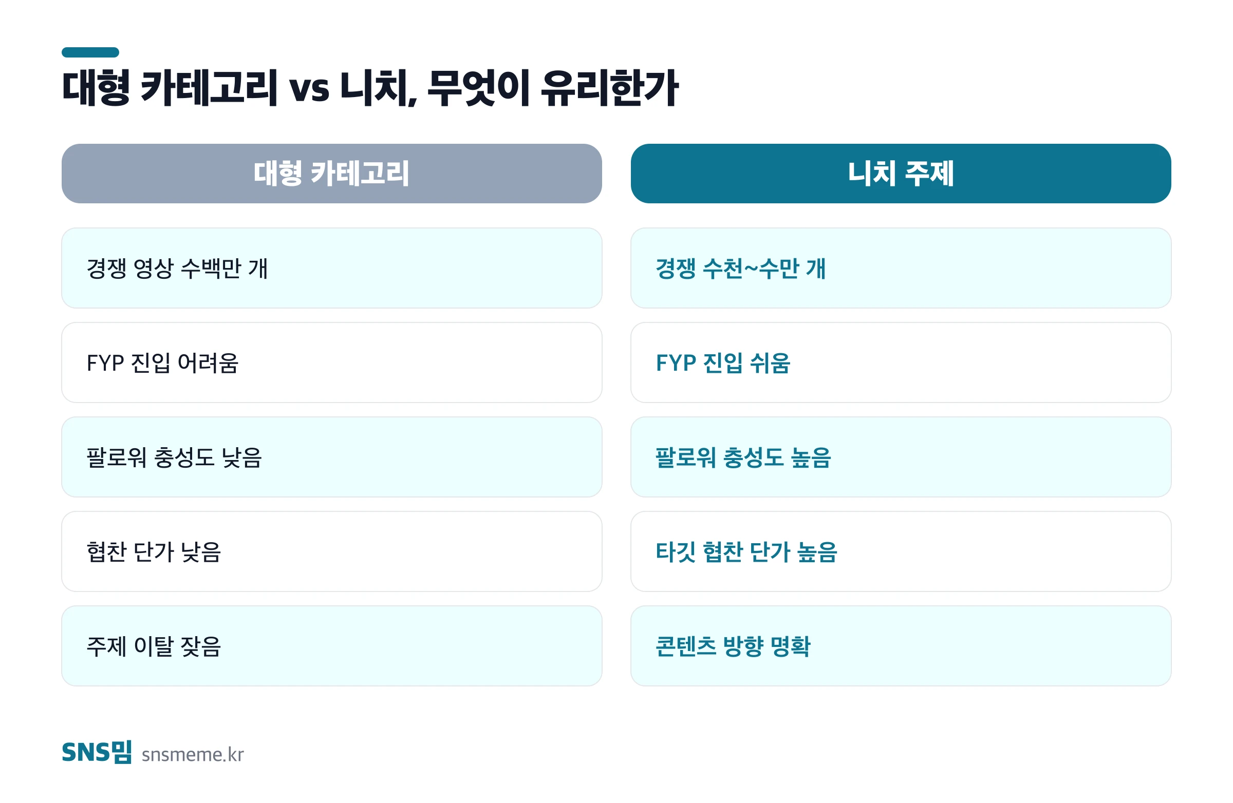 대형 카테고리와 니치 주제 비교 — 경쟁 영상 수, FYP 진입 난이도, 팔로워 충성도, 협찬 단가, 콘텐츠 방향
